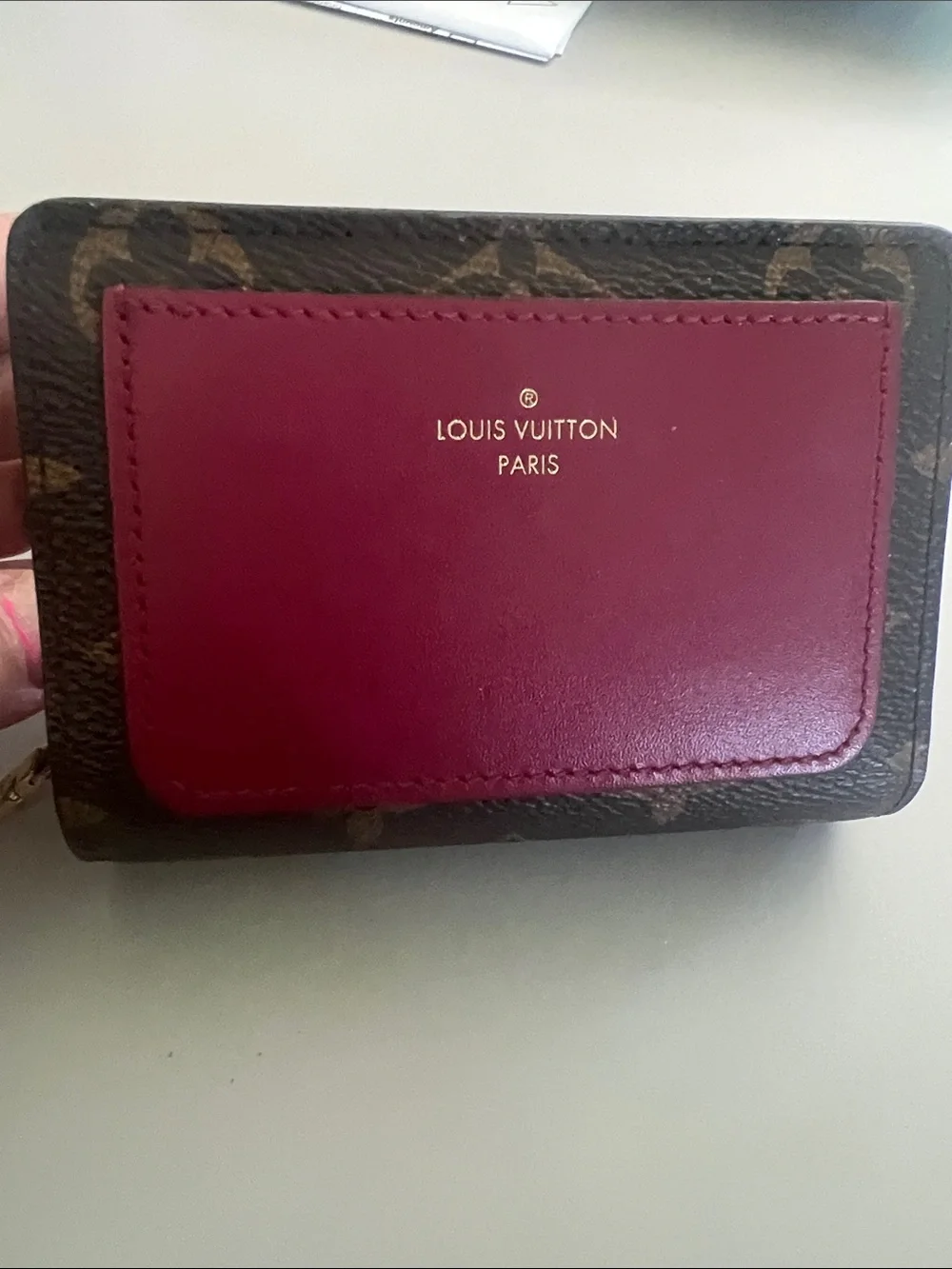 Louis Vuitton Monogram Card Case with Burgundy Pocket and Gold Logo